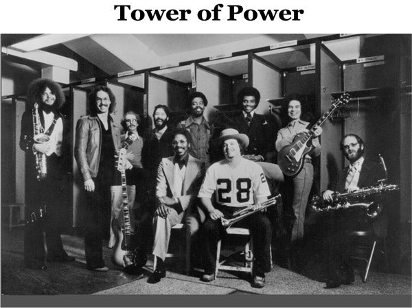 Victor Conte with Tower of Power in the locker room of the Oakland Raiders in 1978.