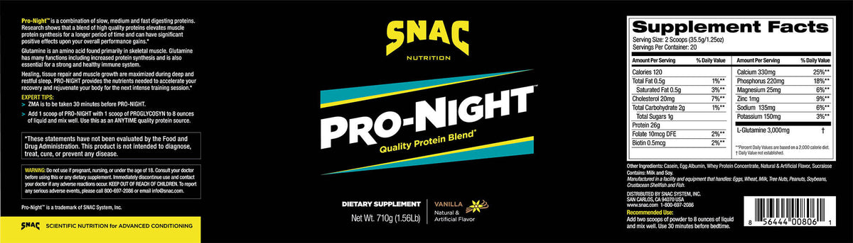 Supplement facts for Pro-night Vanilla