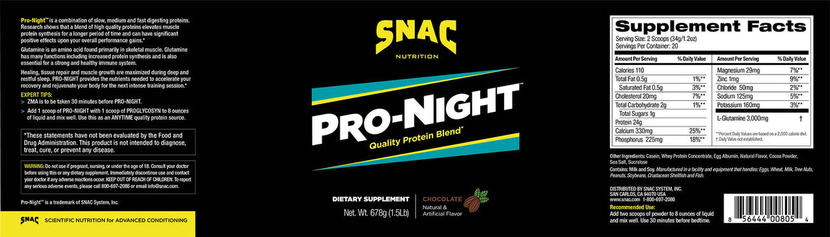 Supplement facts for Pro-night Chocolate